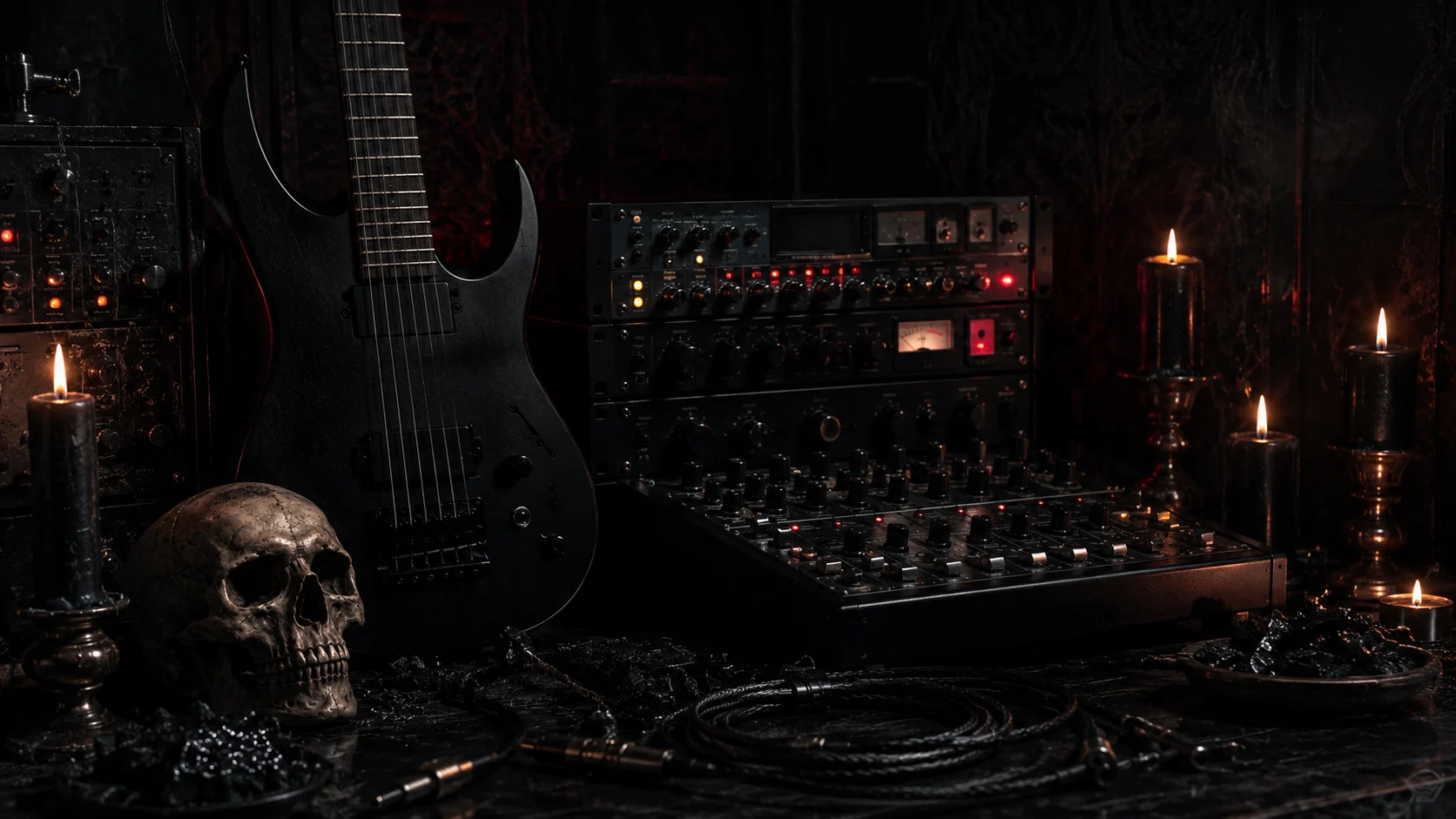 Black guitar and studio gear with candles