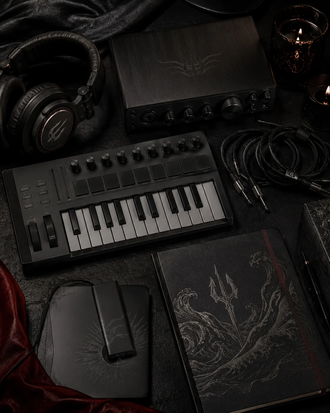 Dark production flat lay with music gear