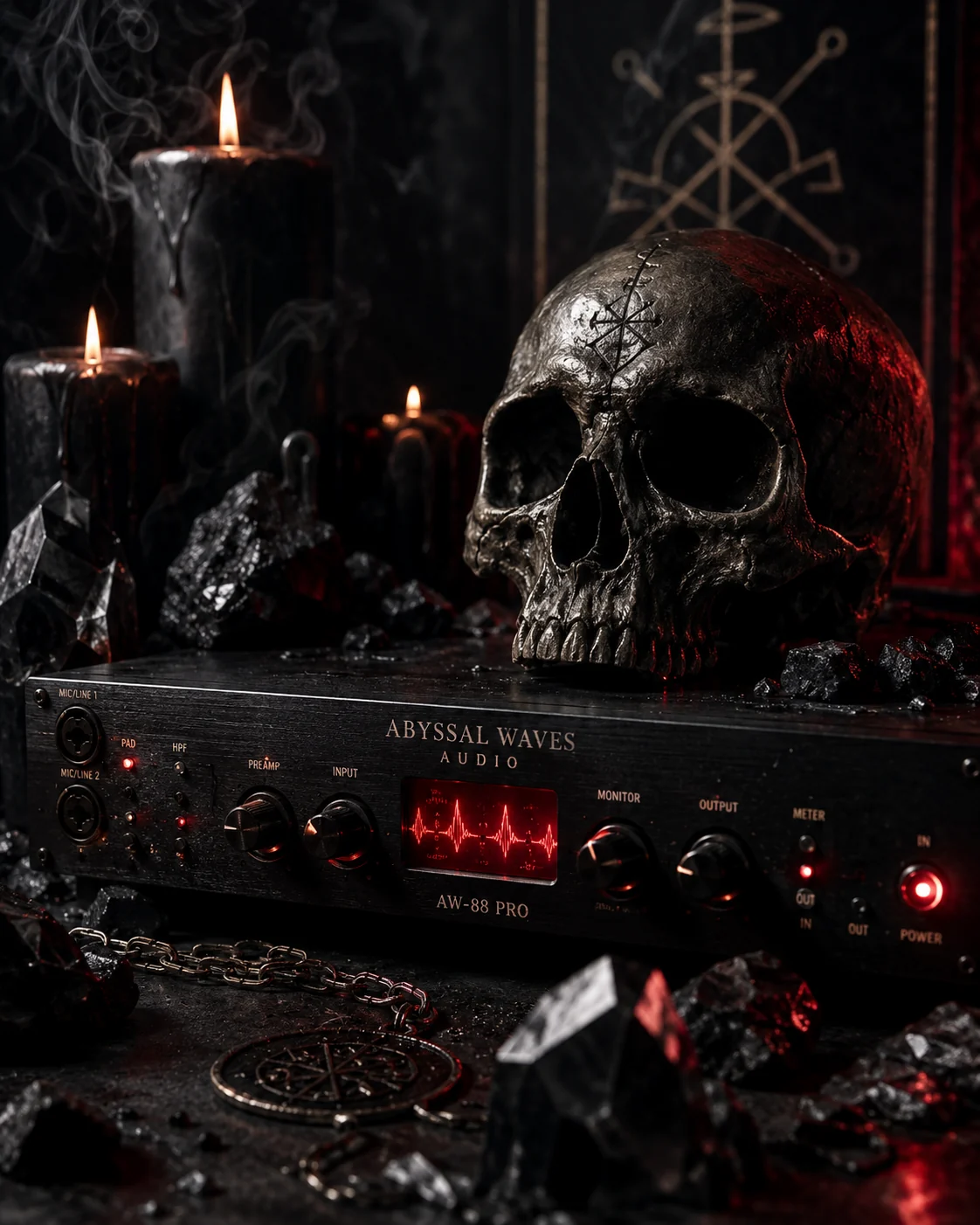 Skull and audio interface in red light